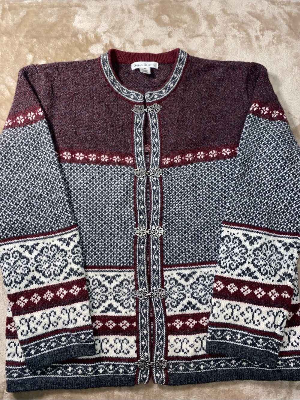 Vintage Susan Bristol Wool Burgundy and Gray Nordic Cardigan